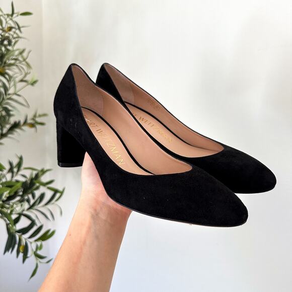 Stuart Weitzman Amata 60 Leather Suede Almond Toe Pumps Black 7 - Picture 1 of 6